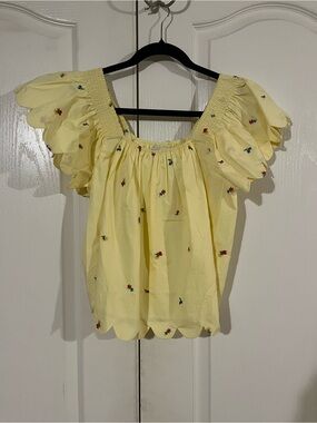English Factory Yellow Embroidered Scalloped Top